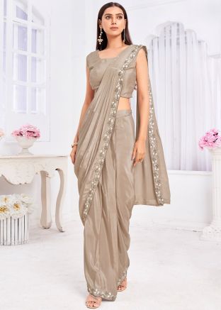Beige Readymade Embroidered Saree In Jacket Style