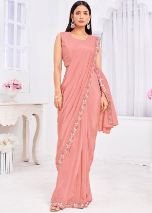 Peach Readymade Embroidered Jacket Style Saree 