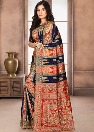 Red And Blue Woven Saree In Kanjivaram Silk