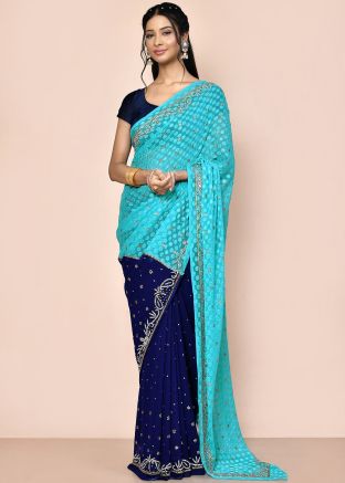 Blue Half N Half Embroidered Saree In Georgette