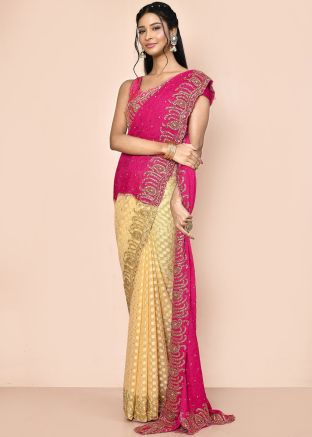 Cream Half N Half Embroidered Saree