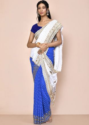 Blue Stone Work Saree In Jacquard