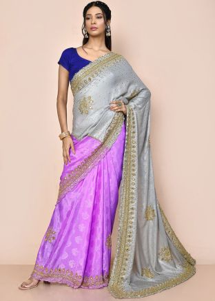 Purple Half N Half Wove Saree In Georgette