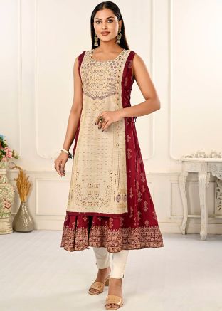 Maroon & Cream Printed Twin Layered Kurta