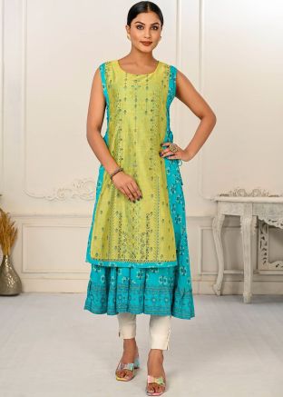 Turquoise & Green Printed Twin Layered Kurta