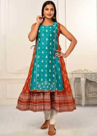 Orange & Turquoise Floral Printed Twin Layered Kurta