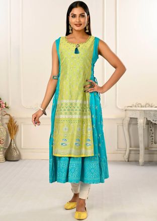 Blue & Green Printed Twin Layered Cotton Kurta