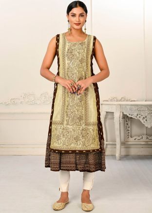 Brown & Cream Printed Twin Layered Kurta