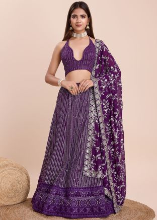 Purple Embellished Lehenga Choli In Georgette