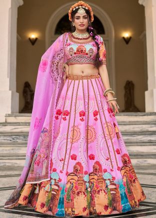 Pink Printed Art Silk Lehenga Choli