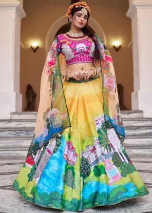 Yellow Printed Lehenga Choli In Art Silk