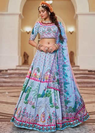 Powder Blue Art Silk Printed Lehenga Choli