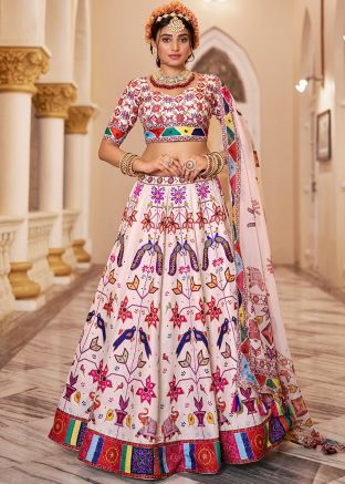 Off White Embellished Lehenga Choli In Art Silk