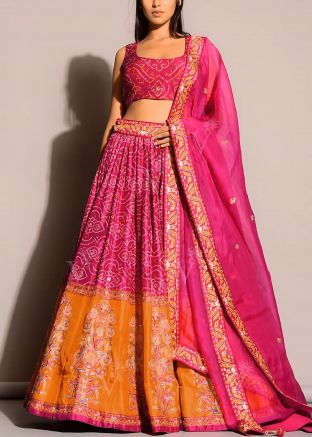 Pink Bandhej Print Satin Lehenga Choli Set