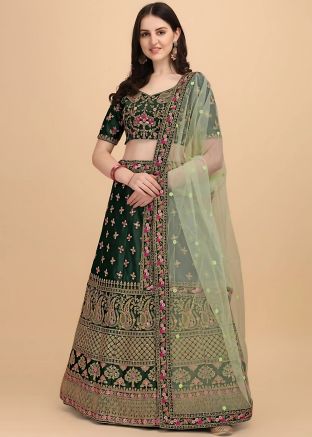 Green Embroidered Satin Lehenga Choli Set