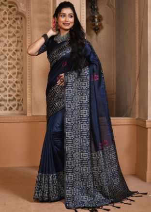 Navy Blue Woven Border Art Silk Saree