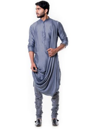 Grey Cowl Style Silk Kurta Churidar Set