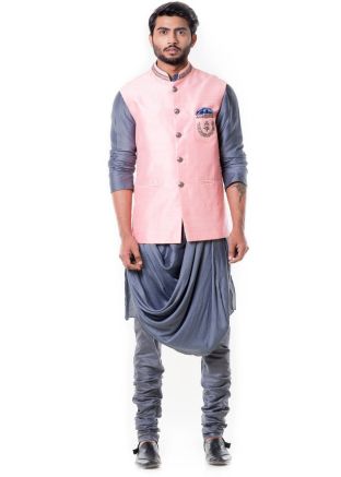 Grey Cowl Style Kurta Set With Pink Jacket