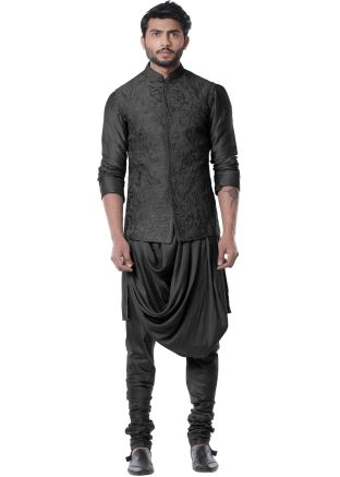 Black Cowl Style Kurta Set With Nehru Jacket