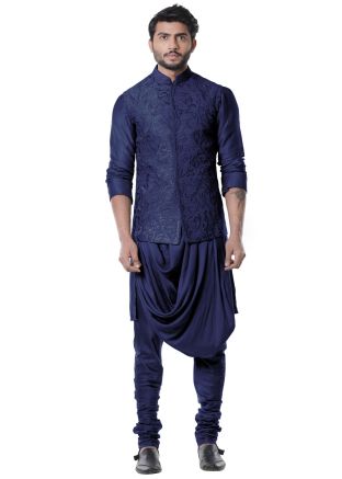 Blue Cowl Style Silk Kurta Set With Jacket
