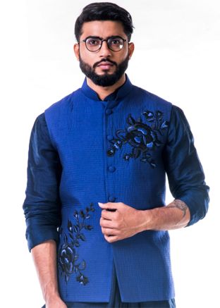 Navy Blue Quilted Katan Silk Nehru Jacket