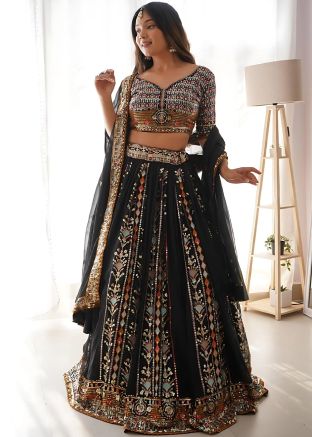 Black Embellished Lehenga Choli Set In Georgette