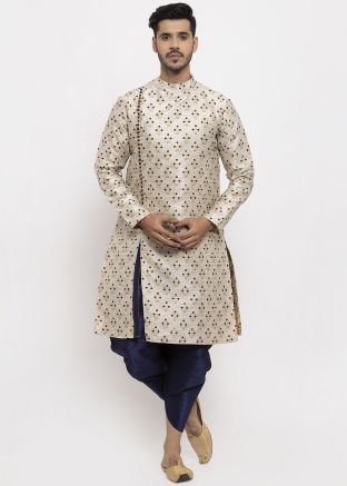 Readymade Cream Woven Side Slit Kurta Dhoti Pant Set