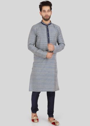 Blue and Grey Shaded Art Silk Kurta Churidar Set
