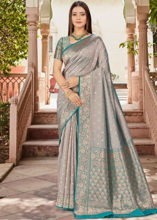 Grey Silk Saree In Zari Woven Work