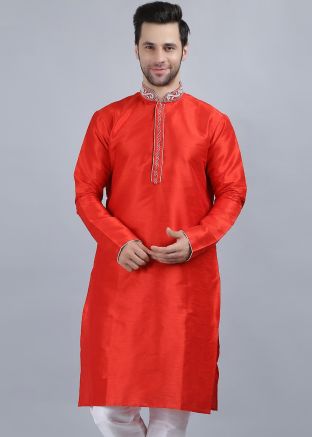 Red Embroidered Mens Kurta