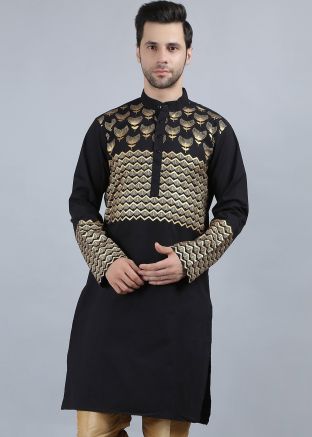 Black Printed Cotton Mens Kurta