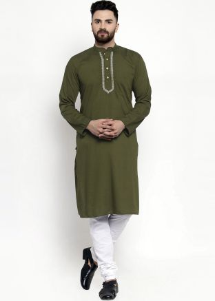 Green Readymade Mens Kurta Pajama In Cotton