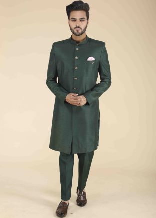 Readymade Green Art Silk Sherwani Set For Men