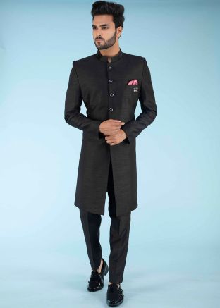 Readymade Mens Black Sherwani Set In Art Silk