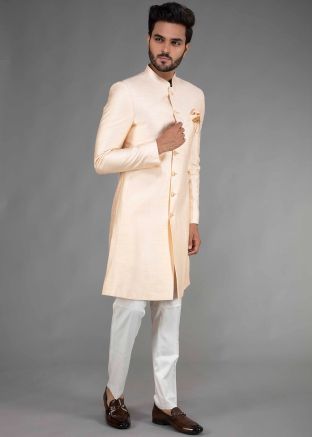 Peach Readymade Mens Sherwani With Pant