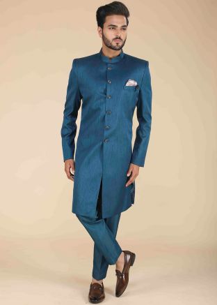 Readymade Blue Plain Mens Sherwani Set