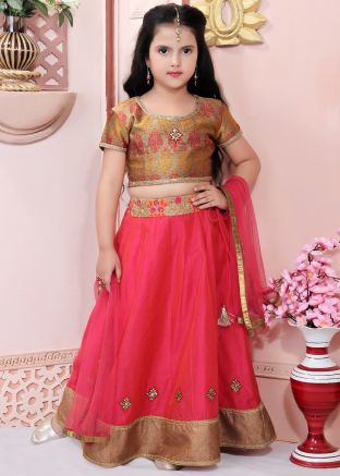 Pink Readymade Kids Lehenga Choli With Dupatta
