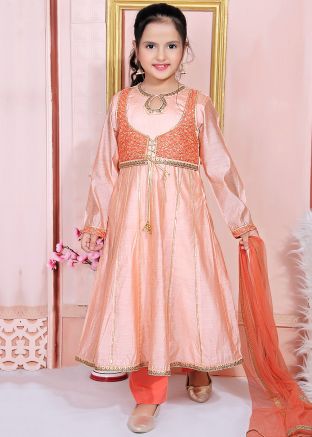 Peach Embroidered Jacket Style Kids Anarkali Suit