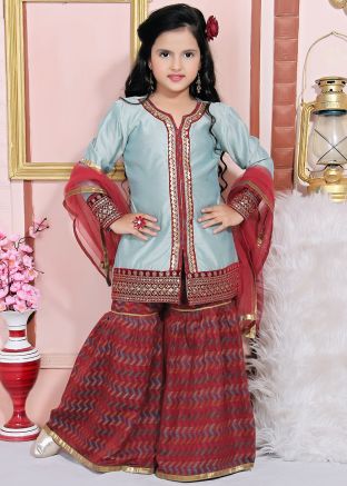 Grey Chanderi Readymade Slit Style Kids Gharara Suit