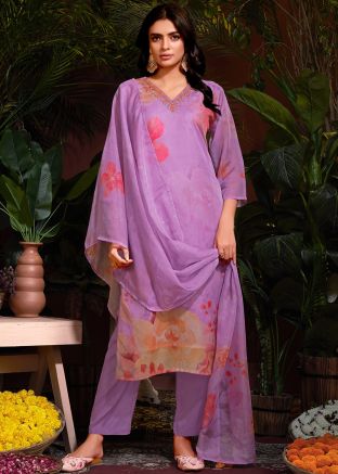 Purple Floral Print Suit Set In Organza