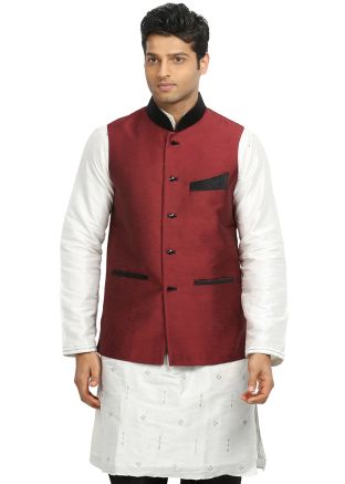 Maroon Readymade Art Silk Nehru Jacket