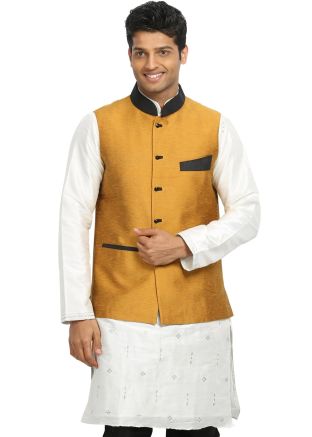 Readymade Yellow Art Silk Nehru Jacket