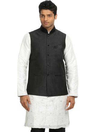 Black Readymade Nehru Jacket In Art Silk