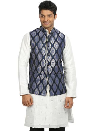Readymade Navy Blue Brocade Woven Nehru Jacket