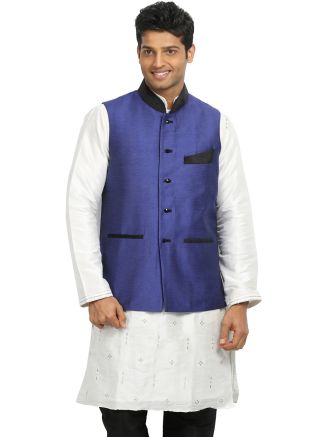 Blue Readymade Art Silk Nehru Jacket