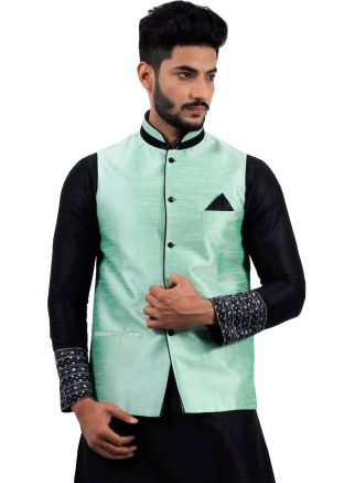 Green Readymade Nehru Jacket In Art Silk