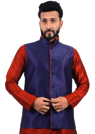 Navy Blue Readymade Art Silk Nehru Jacket