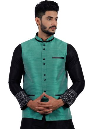 Green Readymade Nehru Jacket In Art Silk