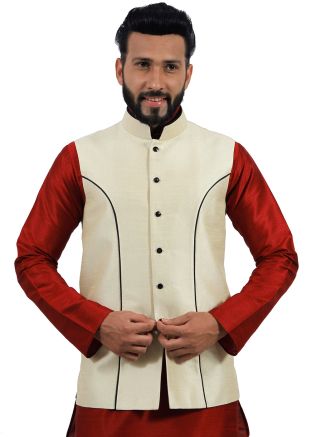Readymade Cream Art Silk Nehru Jacket