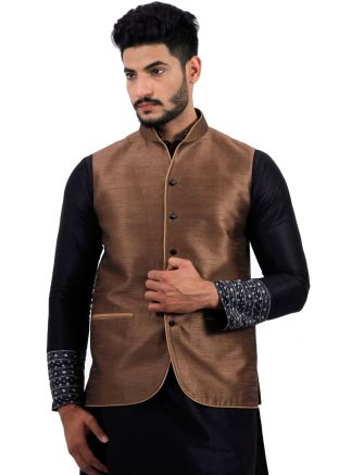 Brown Readymade Nehru Jacket In Art Silk